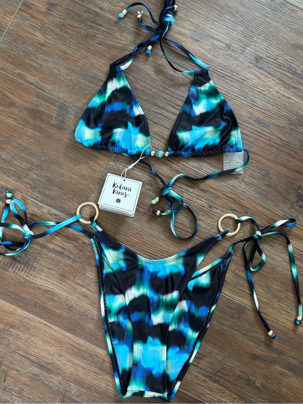 Kulani Kinis Teal, Blue & Black Tie-Dye Bikini with Gold Ring Accents